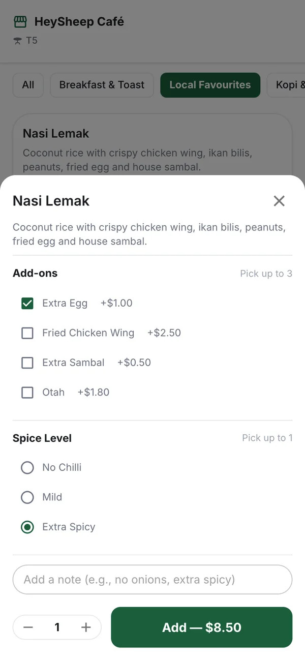 HeyPOS QR ordering on a guest's phone — Add-ons and options: Required and optional choices, and a note for the kitchen.