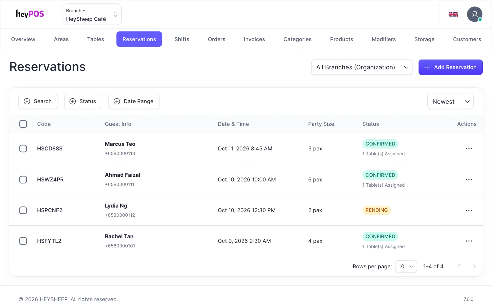 HeyPOS back office — Reservations: Guests, party size and status, next to the table map.