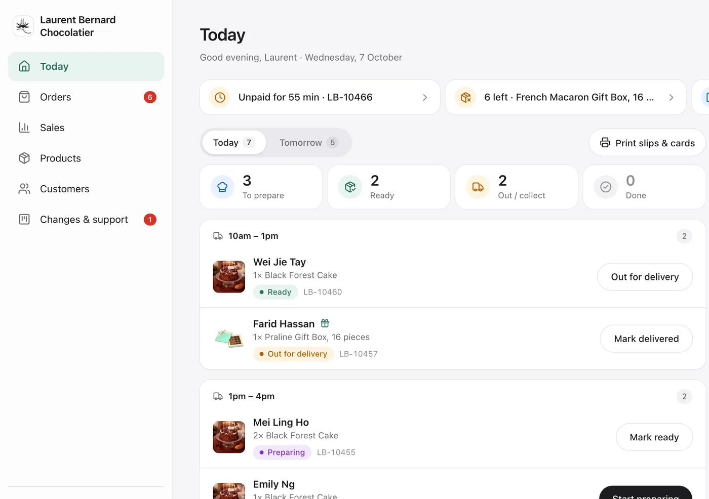 HeyShop back office, Today: orders grouped by delivery slot with one-tap status buttons (demo data)